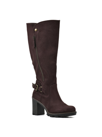 WHITE MOUNTAIN Women's Brown Berlin Zipper Accent Cushioned Solid Buckled Strap Boot