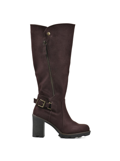 WHITE MOUNTAIN Women's Brown Berlin Zipper Accent Cushioned Solid Buckled Strap Boot