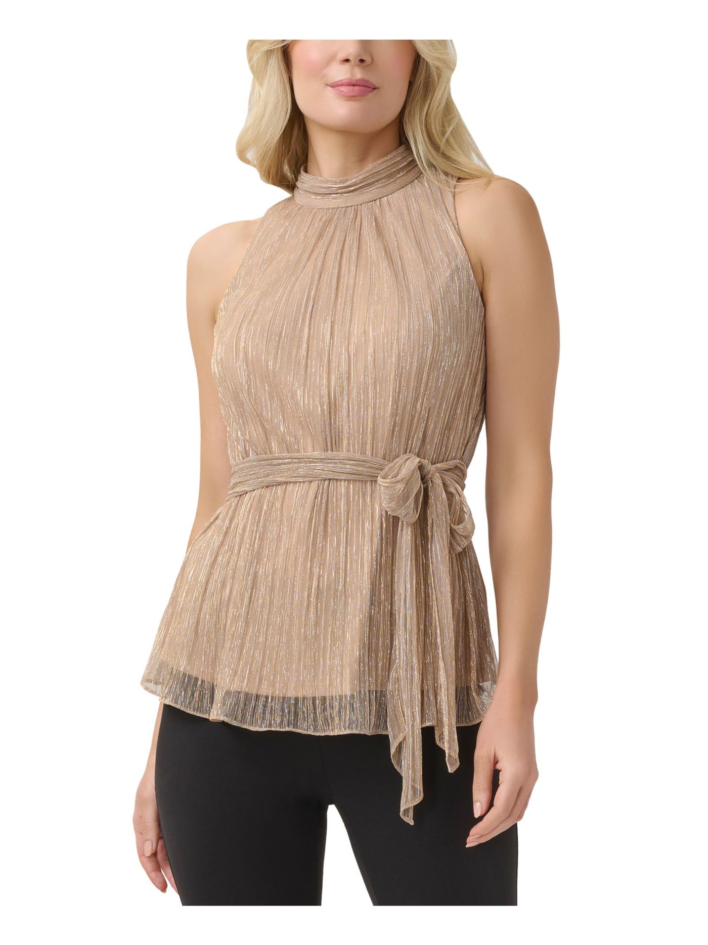 ADRIANNA PAPELL Womens Beige Metallic Tie Striped Sleeveless Halter Wear To Work Top 14