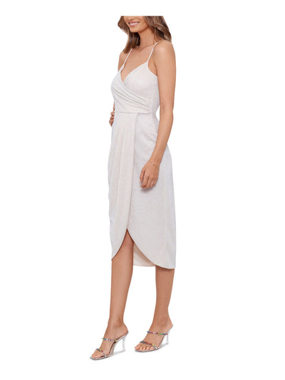 BETSY & ADAM Womens Ivory Pleated Zippered Asymmetrical-hem Lined Bodice Spaghetti Strap Surplice Neckline Tea-Length Evening Sheath Dress 6
