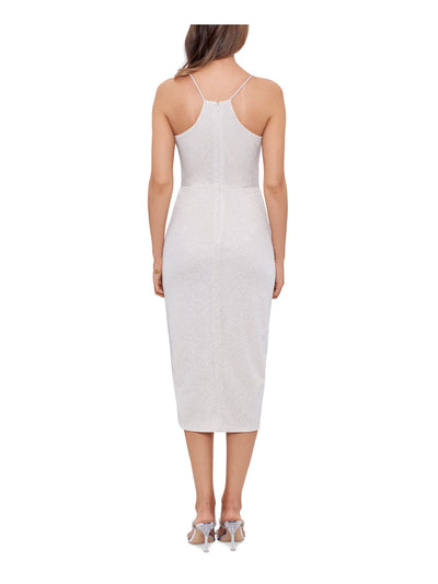 BETSY & ADAM Womens Ivory Pleated Zippered Asymmetrical-hem Lined Bodice Spaghetti Strap Surplice Neckline Tea-Length Evening Sheath Dress 6