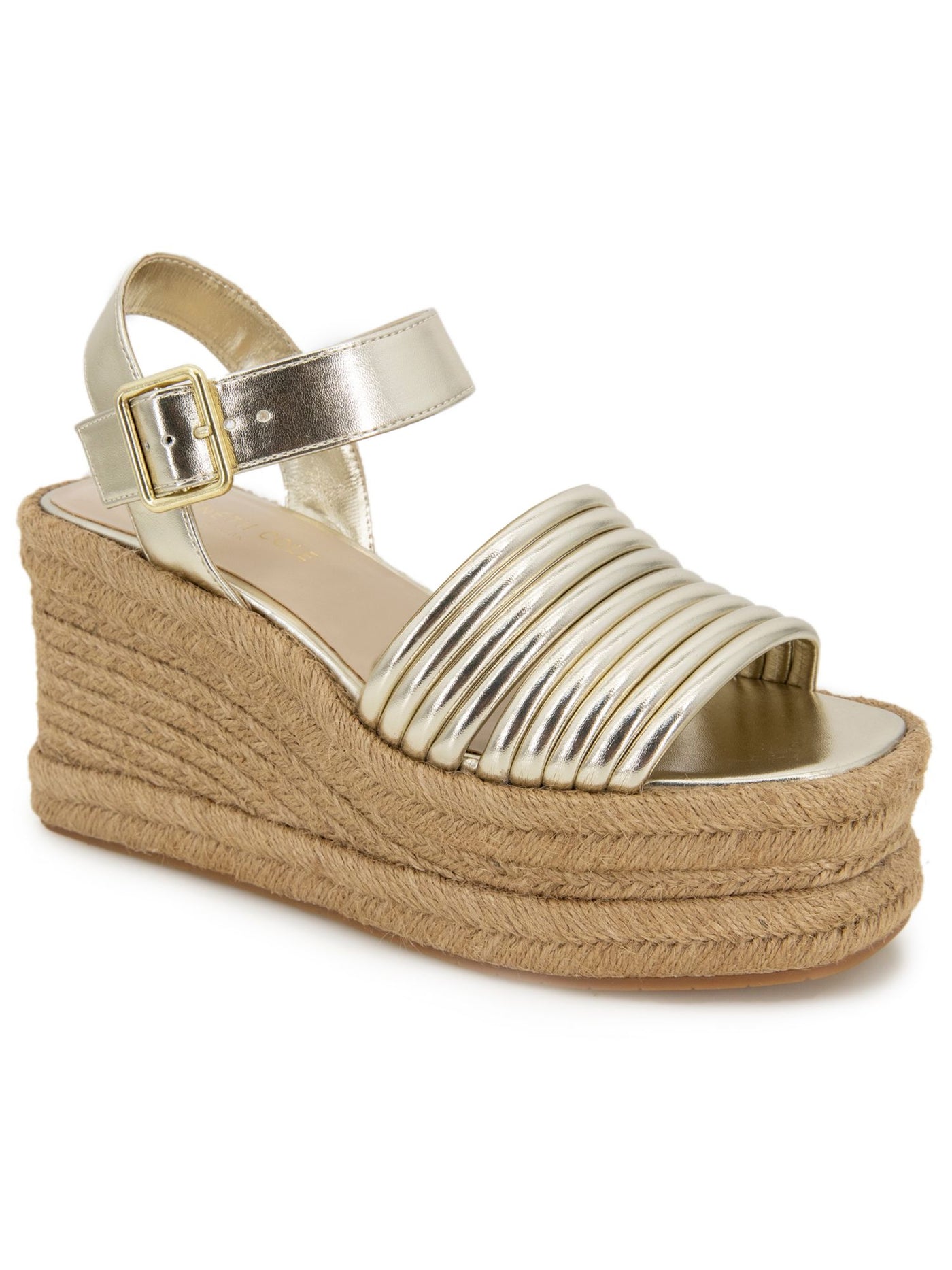 KENNETH COLE NEW YORK Womens Gold 2 Wedge Adjustable Ankle Strap Strappy Padded Shelby Open Toe Wedge Buckle Espadrille Shoes 11 M