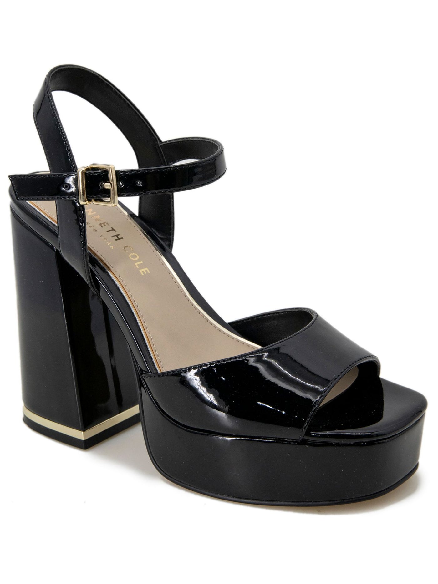 KENNETH COLE NEW YORK Womens Black 1-1/2" Platform Adjustable Open Toe Block Heel Buckle Dress Heeled Sandal 7 M