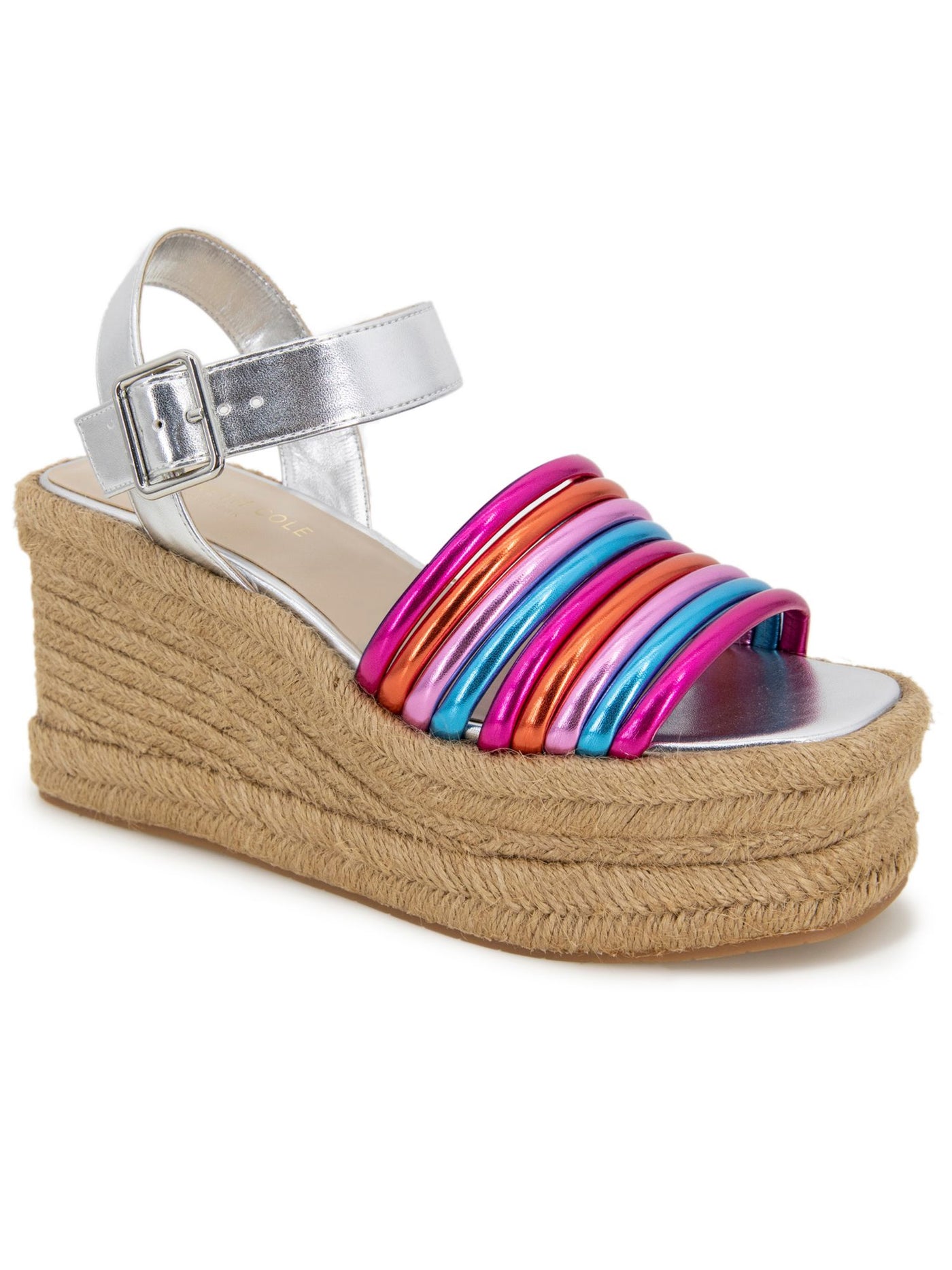 KENNETH COLE NEW YORK Womens Silver Colorblocked Stripe Espadrille Platform Cushioned Shelby Open Toe Wedge Buckle Espadrille Shoes 10 M
