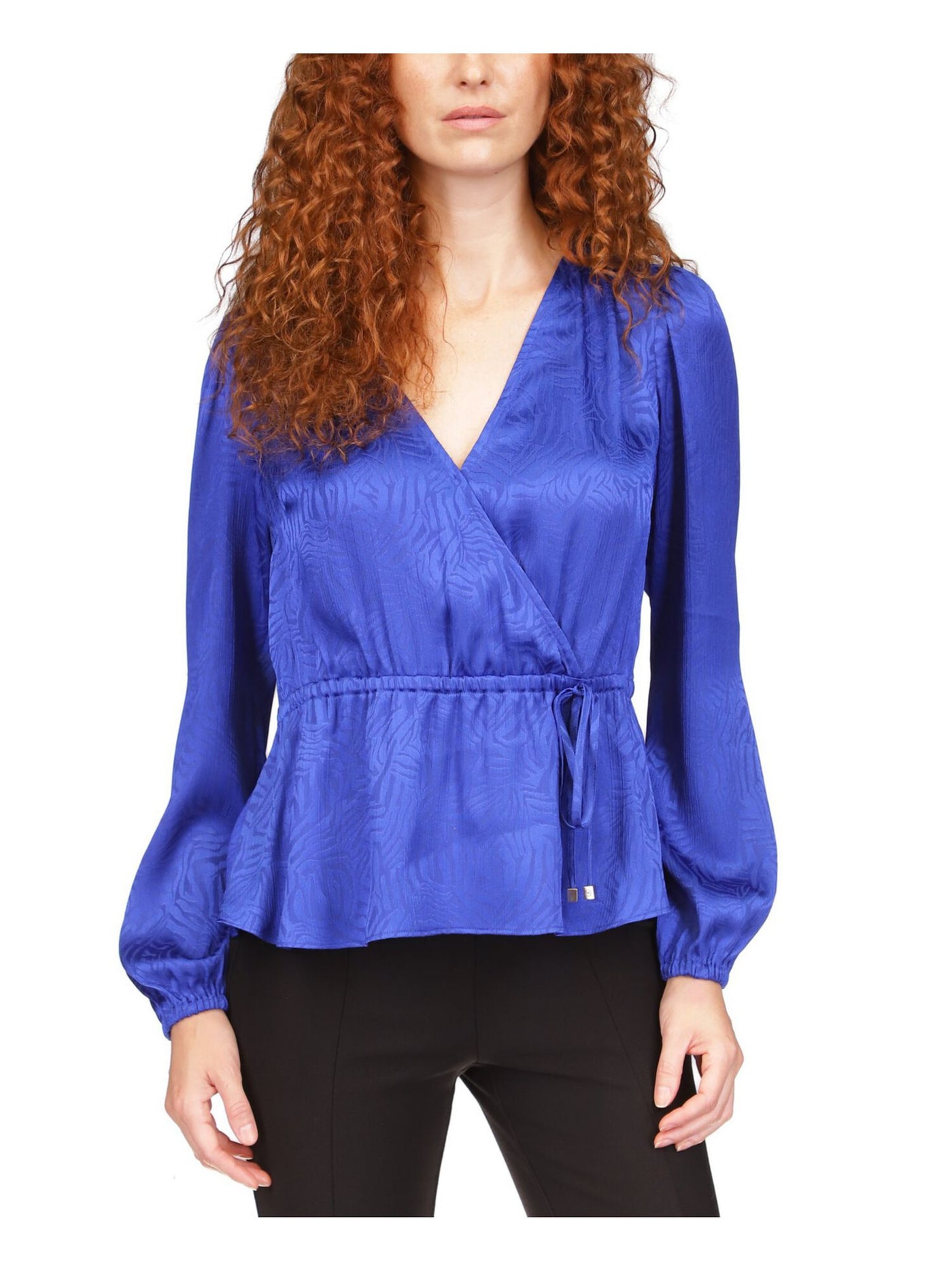 MICHAEL MICHAEL KORS Womens Blue Darted Long Sleeve Surplice Neckline Peplum Top Petites PL