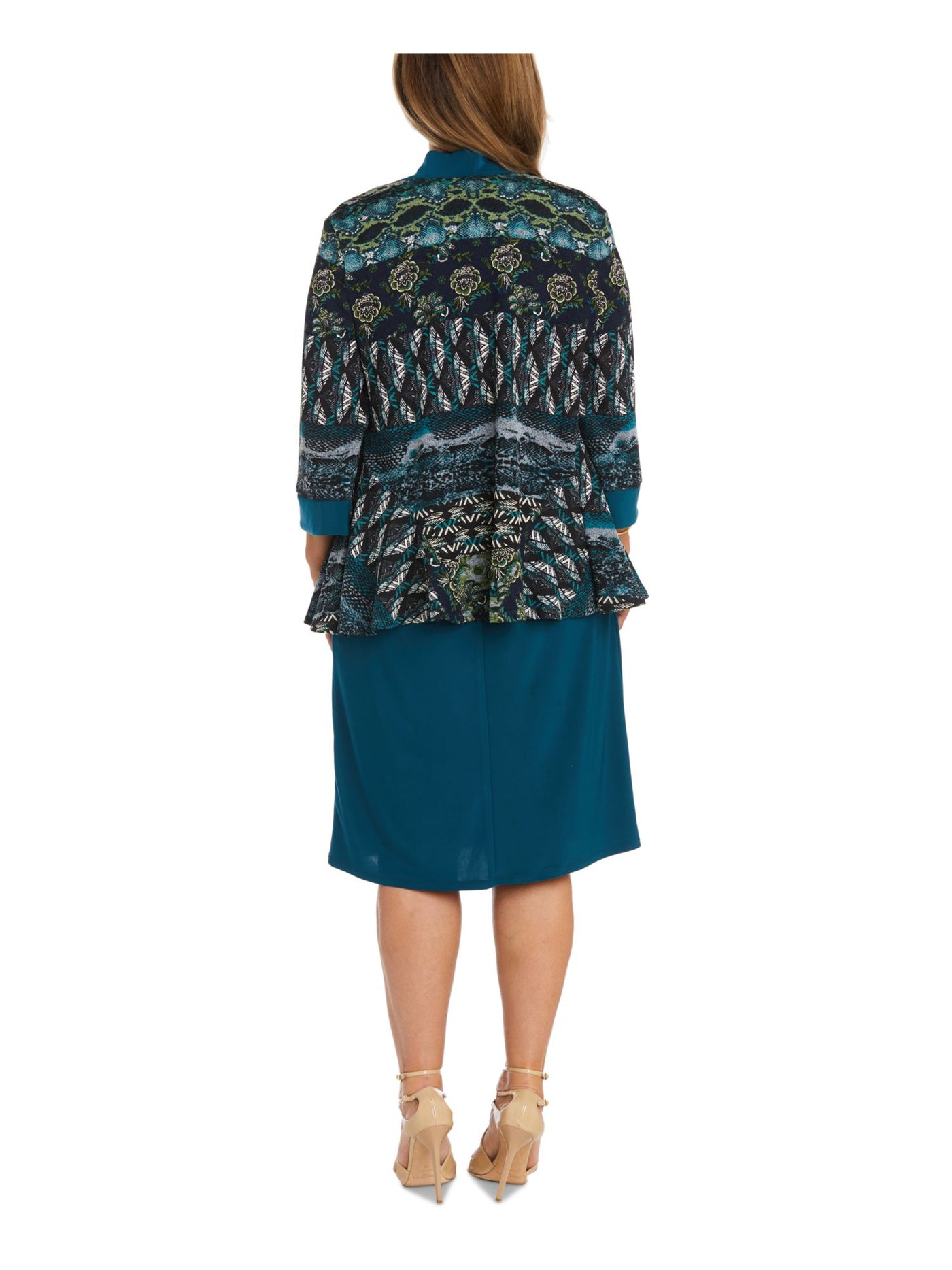 R&M RICHARDS Womens Teal Floral 3/4 Sleeve Open Front Wear To Work Cardigan 16