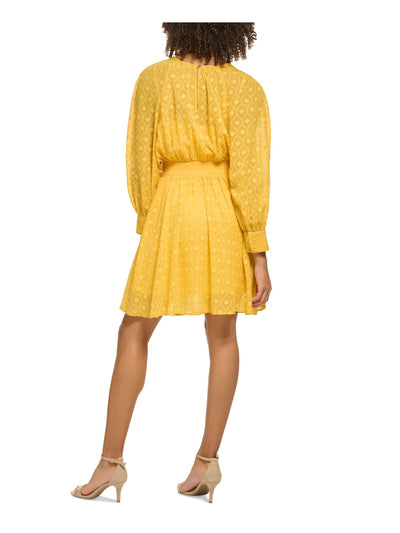 TOMMY HILFIGER Womens Gold Textured Smocked Keyhole Back Lined Long Sleeve Square Neck Short Blouson Dress 2