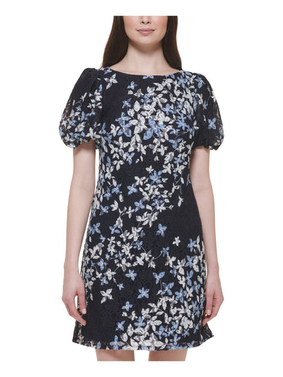 JESSICA HOWARD Womens Navy Zippered Lined Floral Pouf Sleeve Boat Neck Short Party Sheath Dress 8