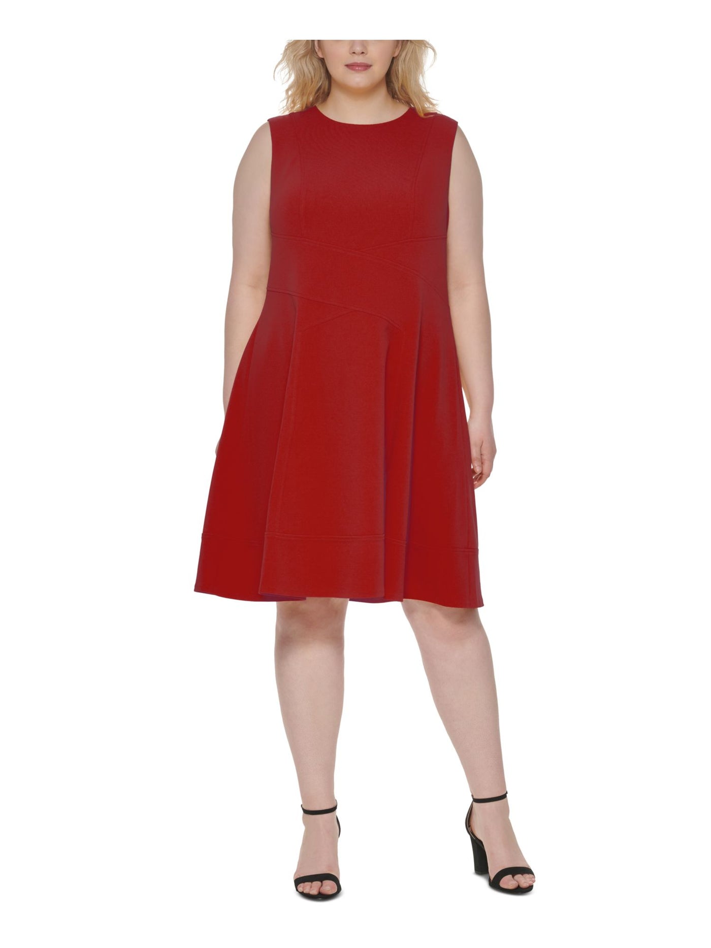 TOMMY HILFIGER Womens Red Zippered Unlined Sleeveless Crew Neck Knee Length Wear To Work Fit + Flare Dress Plus 14W