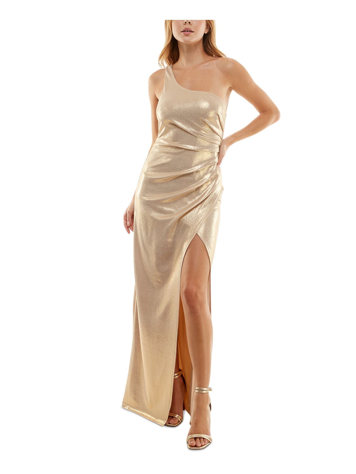 CITY STUDIO Womens Gold Ruched Zippered Slit Lined Open Strappy Back Sleeveless Asymmetrical Neckline Full-Length Party Gown Dress 1