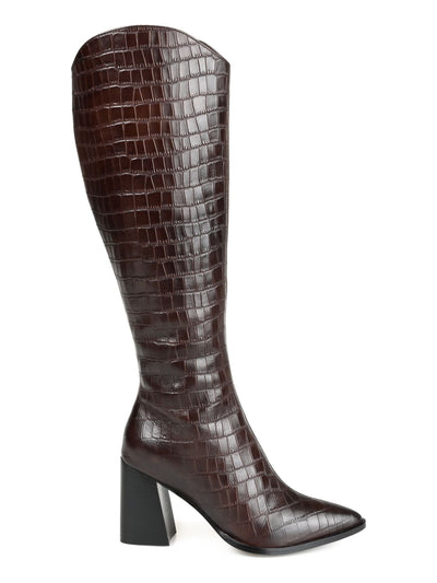 JOURNEE COLLECTION Womens Brown Solid Croc Curved Padded Laila Pointed Toe Stacked Heel Zip-Up Leather Dress Boots 6.5 M