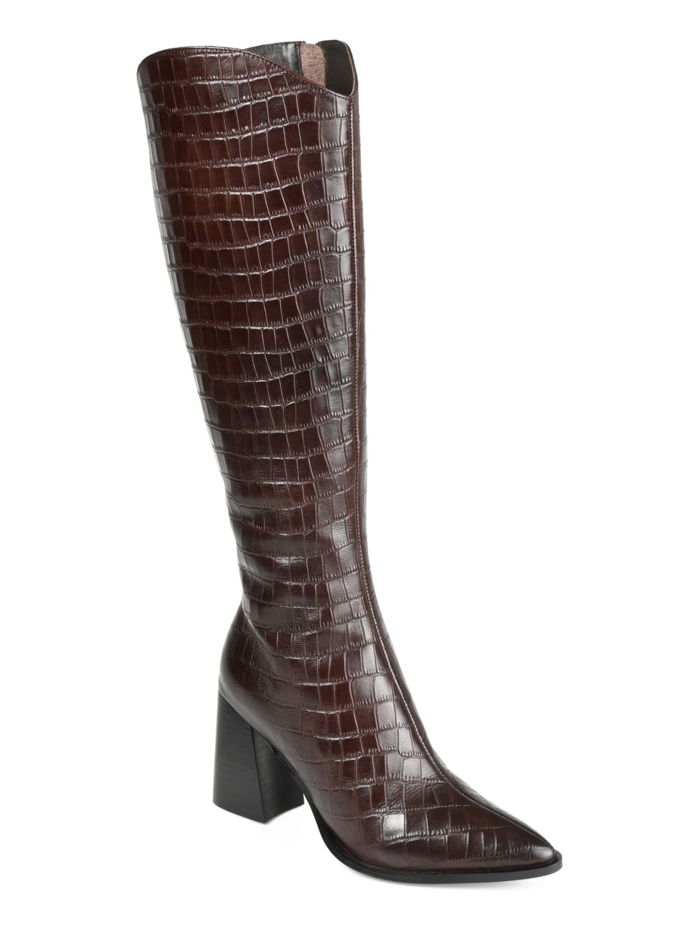JOURNEE COLLECTION Womens Brown Solid Croc Curved Padded Laila Pointed Toe Stacked Heel Zip-Up Leather Dress Boots 6.5 M