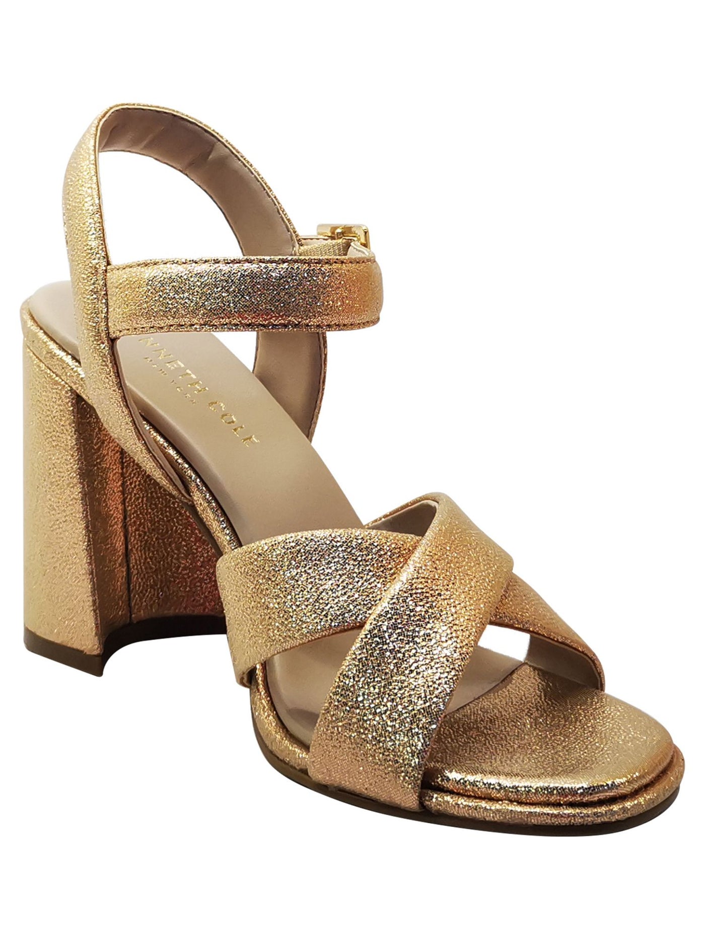 KENNETH COLE NEW YORK Womens Gold Glitter Ankle Strap Padded Lessia Square Toe Flare Buckle Dress Heeled Sandal 9.5 M