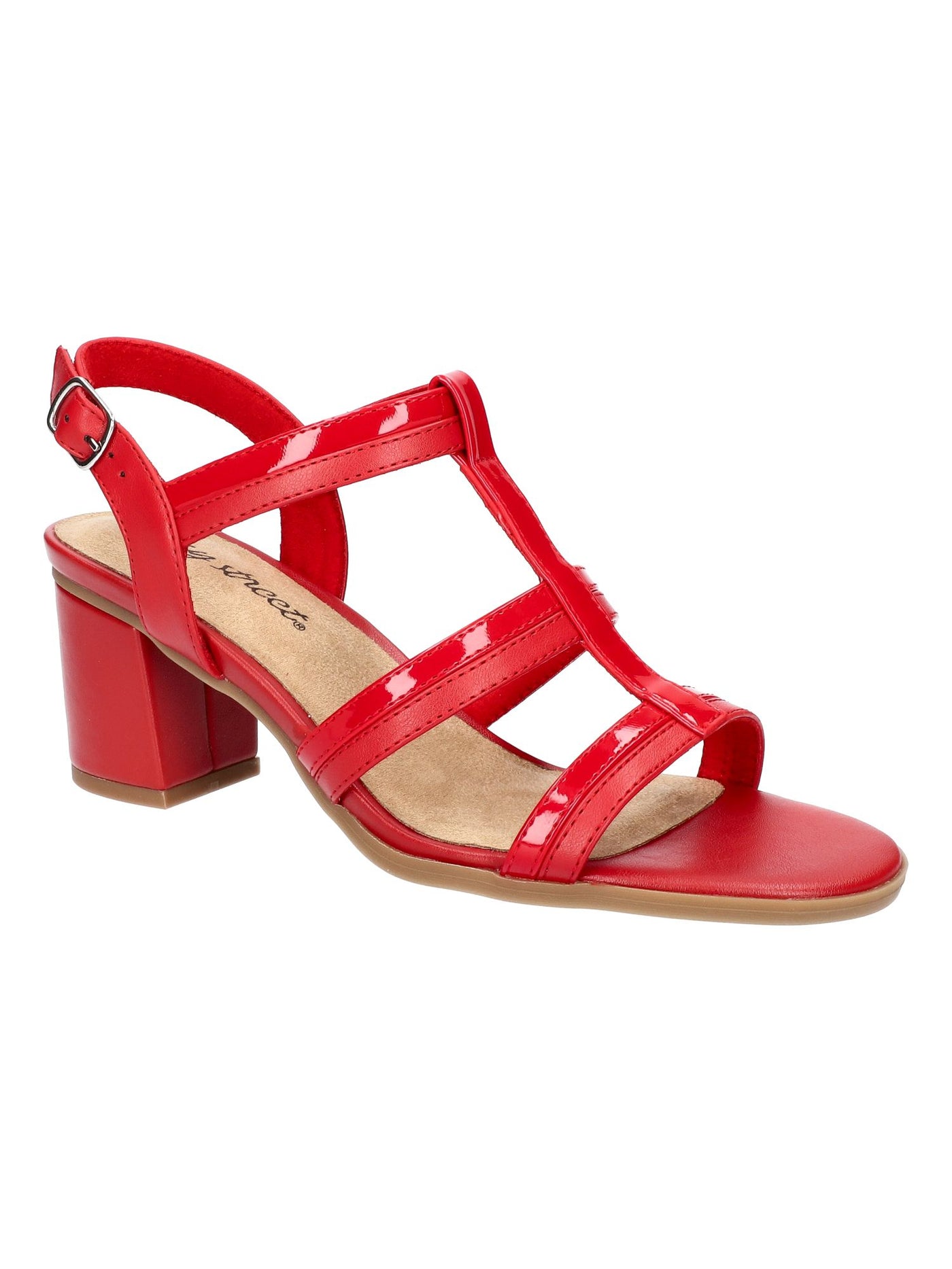 EASY STREET Womens Red Mixed Media Strappy Padded Fiesta Almond Toe Block Heel Buckle Heeled Sandal 6.5 M