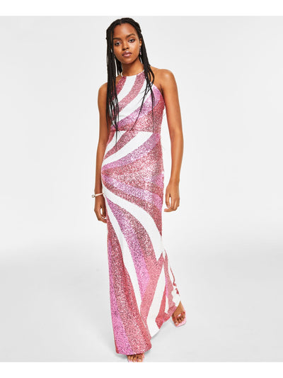 B DARLIN Womens White Sequined Zippered Fitted Strappy Back Lined Sleeveless Halter Maxi Prom Gown Dress 13\14
