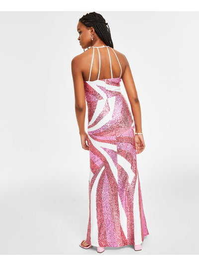 B DARLIN Womens White Sequined Zippered Fitted Strappy Back Lined Sleeveless Halter Maxi Prom Gown Dress 13\14