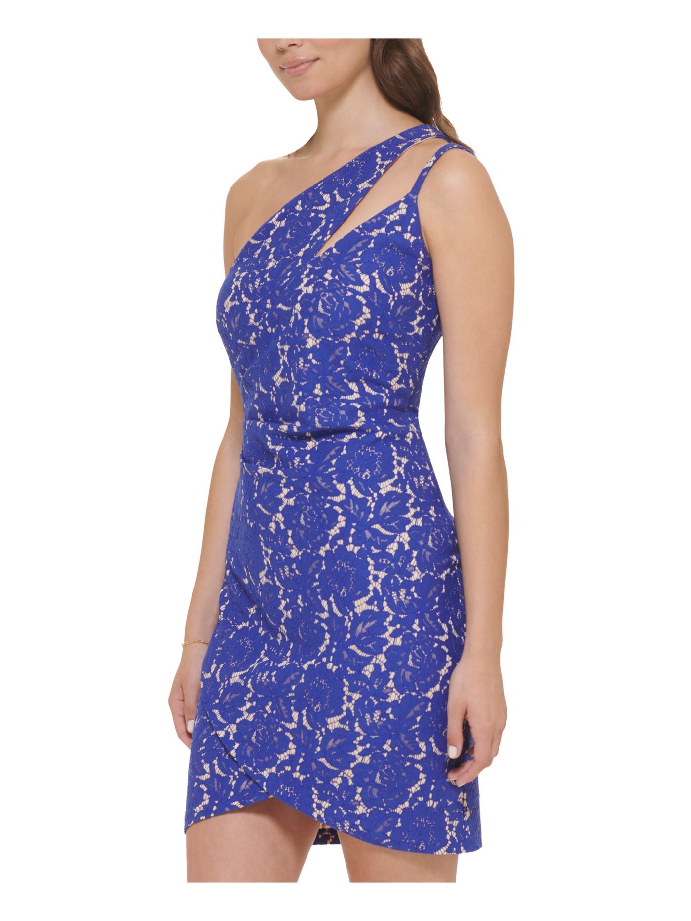 GUESS Womens Blue Zippered Padded Bust Pleated Floral Sleeveless Asymmetrical Neckline Short Cocktail Sheath Dress 0