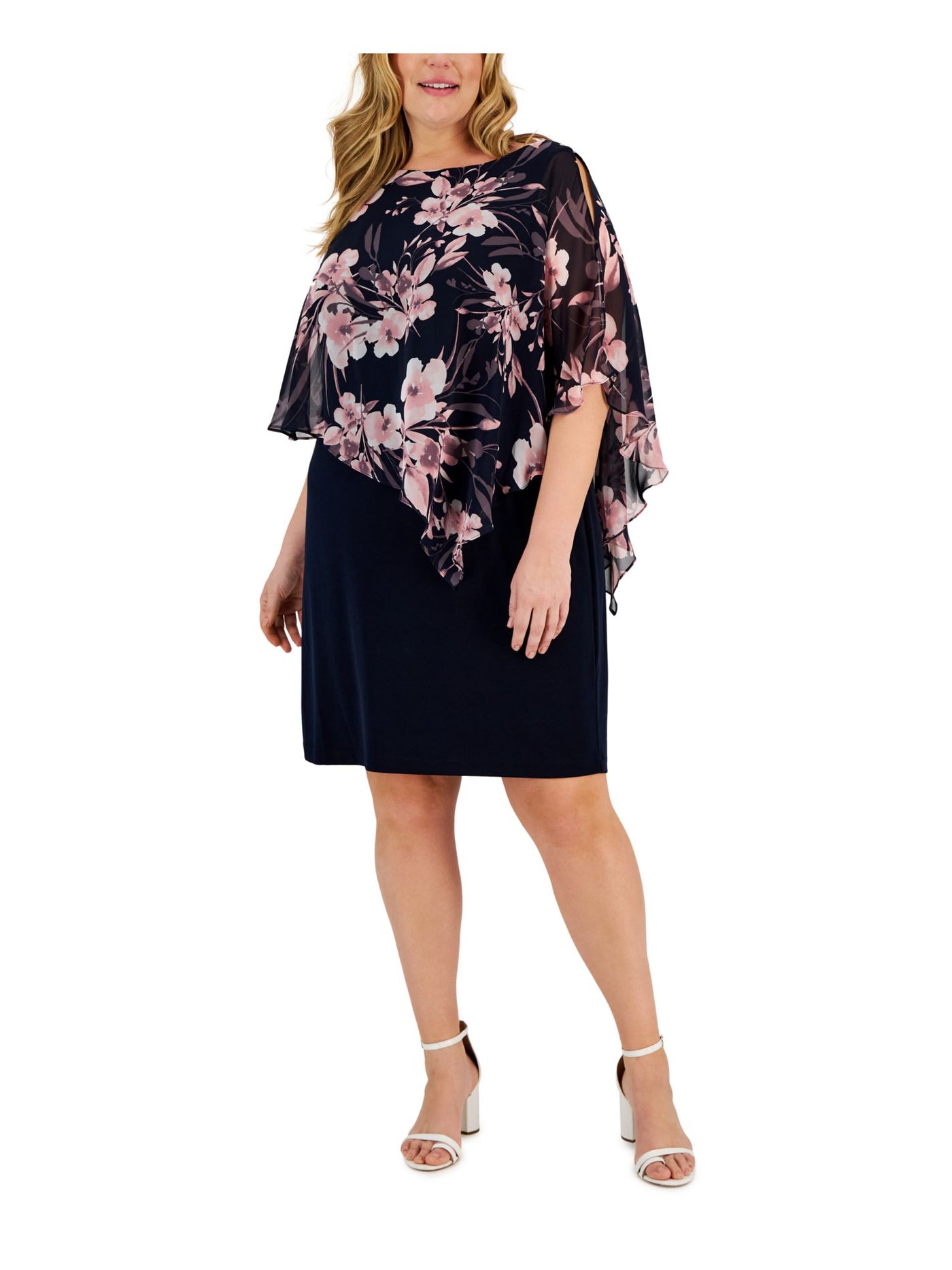 CONNECTED APPAREL Womens Navy Flutter Sleeve Round Neck Above The Knee Wear To Work Sheath Dress Plus 16W