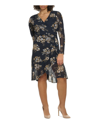 TOMMY HILFIGER Womens Navy Zippered Lined Floral Long Sleeve Surplice Neckline Below The Knee Party Faux Wrap Dress Plus 24W