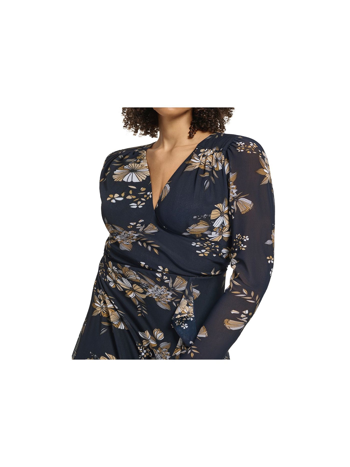 TOMMY HILFIGER Womens Navy Zippered Lined Floral Long Sleeve Surplice Neckline Below The Knee Party Faux Wrap Dress Plus 24W