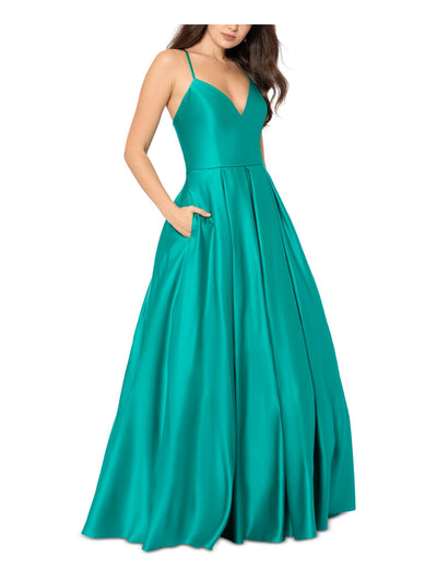 BLONDIE NITES Womens Teal Zippered Pleated Lace-up Back Pocketed Lined Spaghetti Strap V Neck Full-Length Prom Gown Dress 5