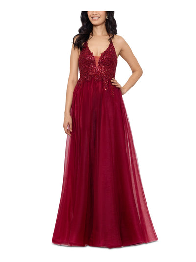 BLONDIE NITES Womens Red Sequined Zippered Lined Sleeveless V Neck Full-Length Prom Gown Dress 7