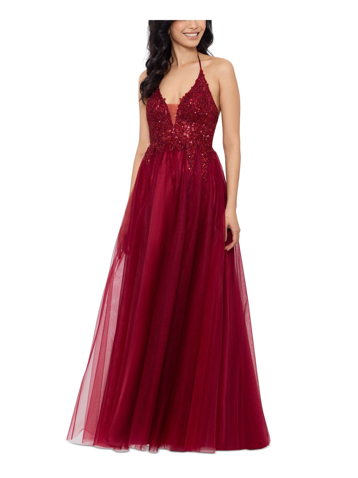 BLONDIE NITES Womens Red Sequined Zippered Lined Sleeveless V Neck Full-Length Prom Gown Dress 7