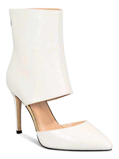 THINGS II COME Womens Ivory Iridescent Solid Croc Metallic Trim Padded Cut Out Jelyn Pointed Toe Stiletto Zip-Up Dress Booties 12 M