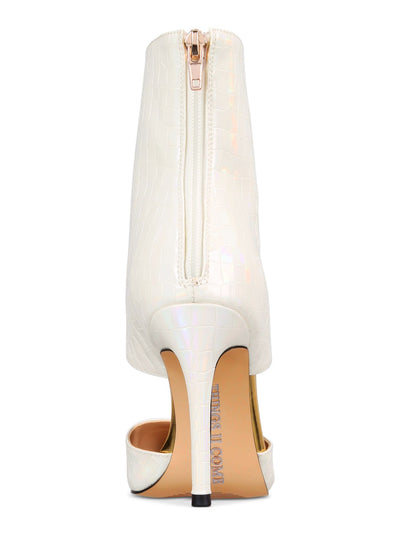 THINGS II COME Womens Ivory Iridescent Solid Croc Metallic Trim Padded Cut Out Jelyn Pointed Toe Stiletto Zip-Up Dress Booties 12 M