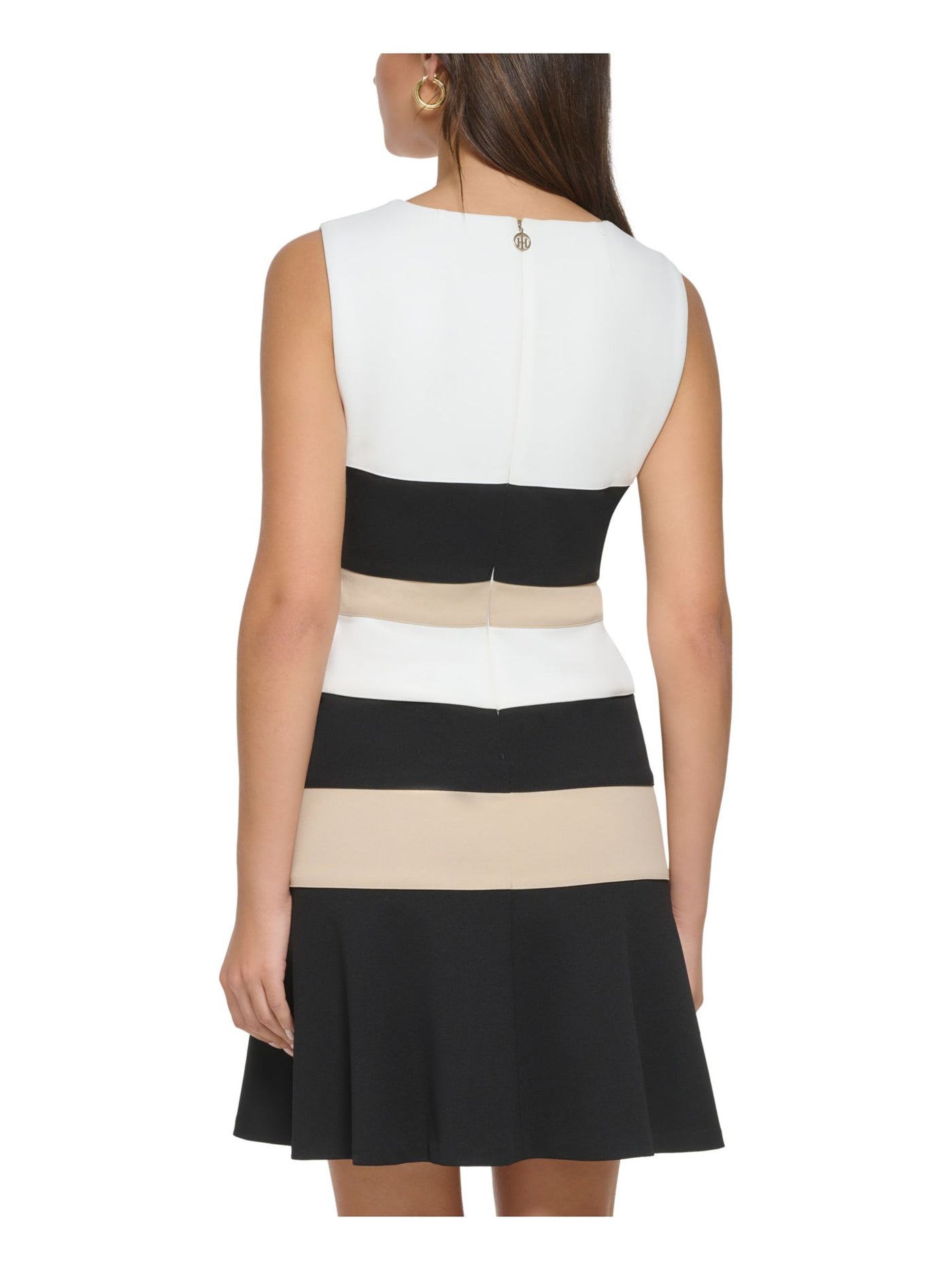 TOMMY HILFIGER Womens White Zippered Unlined Striped Sleeveless Round Neck Above The Knee Wear To Work Fit + Flare Dress 12