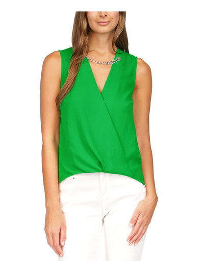 MICHAEL MICHAEL KORS Womens Green Textured Chain Detail Vented Hi-lo Hem Sleeveless Surplice Neckline Faux Wrap Top XS