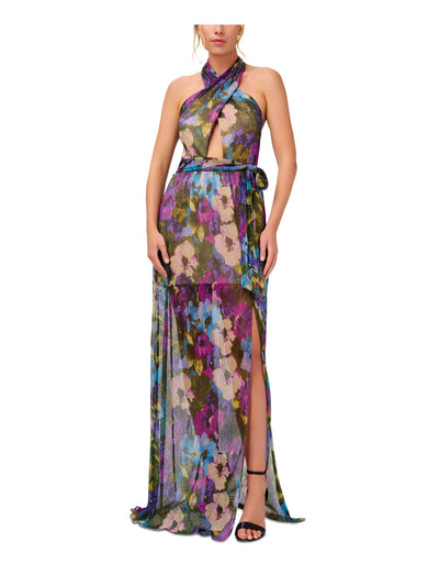 AIDAN AIDAN MATTOX Womens Pink Cut Out Zippered Metallic Crinkle Lined Cutout Sl Floral Sleeveless Halter Full-Length Cocktail Gown Dress 6