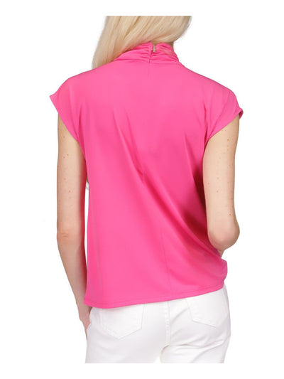 MICHAEL MICHAEL KORS Womens Pink Twist Front Zippered Unlined Keyhole Detail Cap Sleeve Mock Neck Wear To Work Top Plus 1X