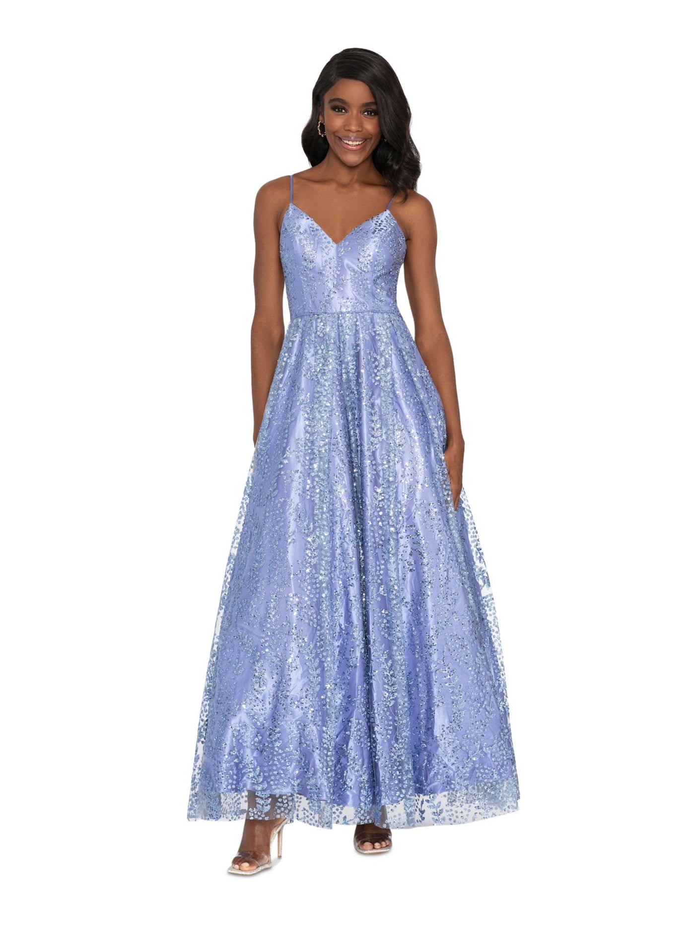 BLONDIE NITES Womens Light Blue Zippered Lined Lace-up Back Spaghetti Strap V Neck Full-Length Prom Gown Dress Juniors 0