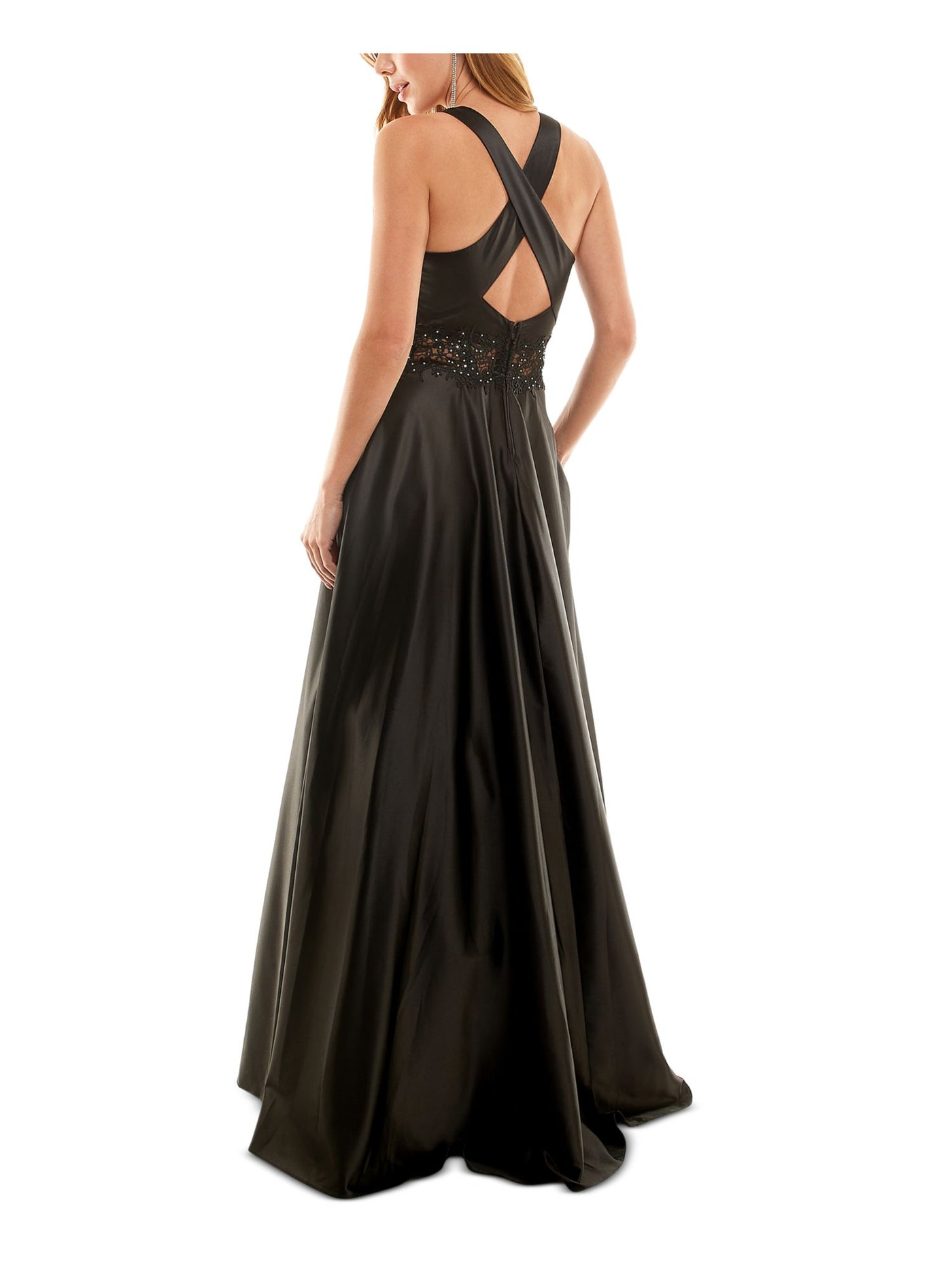 CITY STUDIO Womens Black Rhinestone Zippered Crisscross Back Tulle Lined Sleeveless Scoop Neck Full-Length Party Gown Dress 0