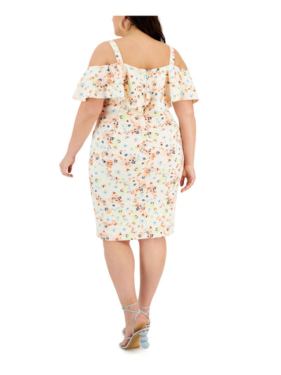 RACHEL RACHEL ROY Womens Ivory Cold Shoulder Ruffled Lined Zippered Floral Flutter Sleeve V Neck Above The Knee Wear To Work Sheath Dress Plus 20W