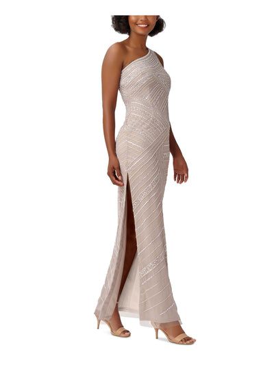 ADRIANNA PAPELL Womens Beige Beaded Zippered High Side Slit Lined Sleeveless Asymmetrical Neckline Full-Length Evening Sheath Dress Petites 8P