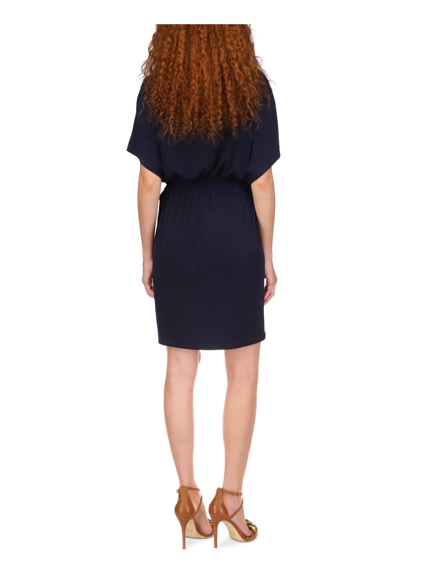 MICHAEL KORS Womens Black Tie Unlined Gathered Elastic Waist Dolman Sleeve Surplice Neckline Knee Length Faux Wrap Dress XS