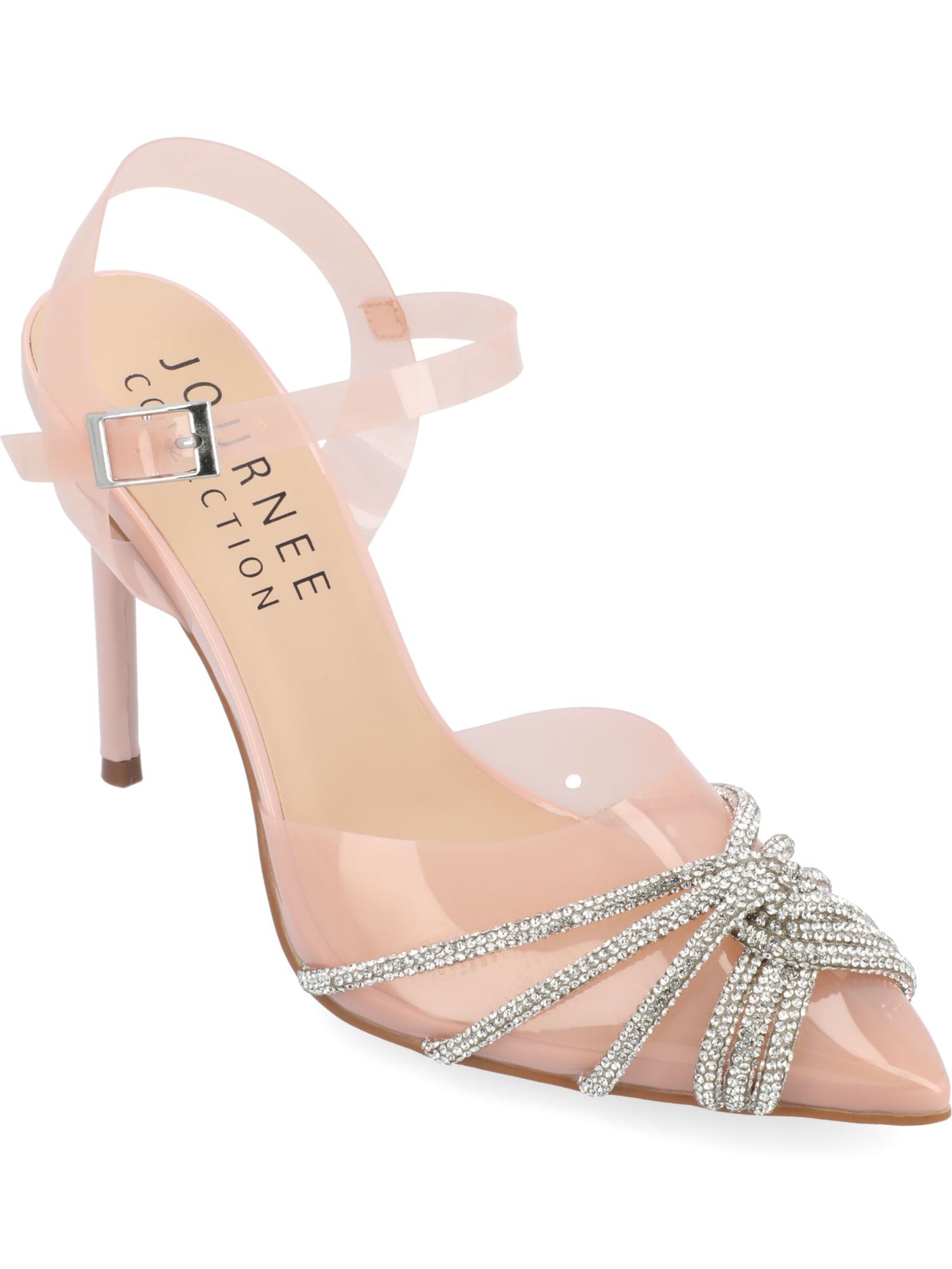 JOURNEE COLLECTION Womens Pink Translucent Ankle Strap Cushioned Rhinestone Embellished Eleora Pointed Toe Stiletto Buckle Dress Pumps Shoes 8.5