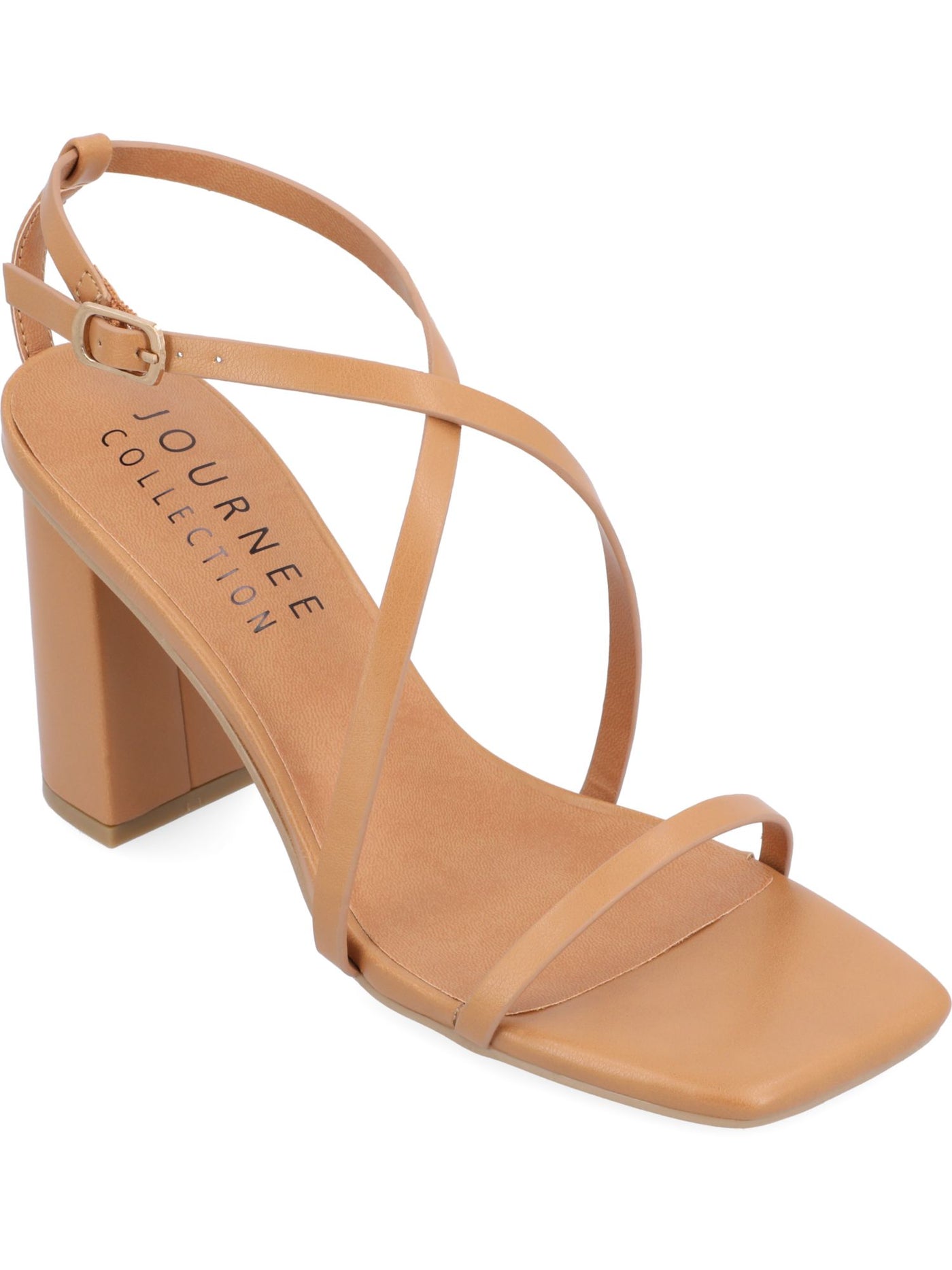 JOURNEE COLLECTION Womens Brown Strappy Asymmetrical Ankle Strap Padded Lenorra Square Toe Block Heel Buckle Heeled Sandal 8