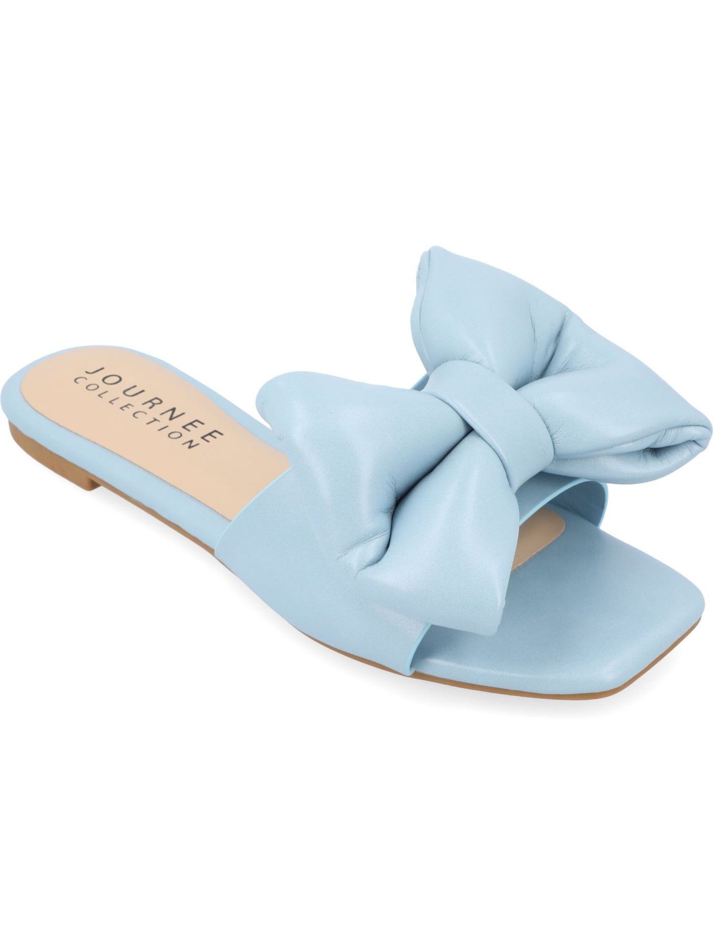 JOURNEE COLLECTION Womens Light Blue Cushioned Bow Accent Goring Fayre Square Toe Slip On Slide Sandals Shoes 7.5