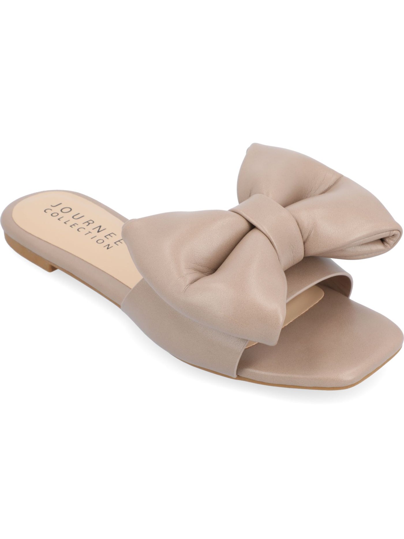 JOURNEE COLLECTION Womens Beige Cushioned Bow Accent Goring Fayre Square Toe Slip On Slide Sandals Shoes 7.5