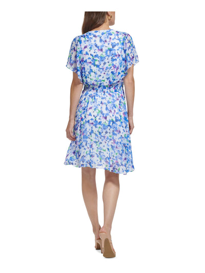 DKNY Womens White Smocked Sheer Ruffled Pullover Lined Bodice Floral Flutter Sleeve V Neck Knee Length Fit + Flare Dress 2