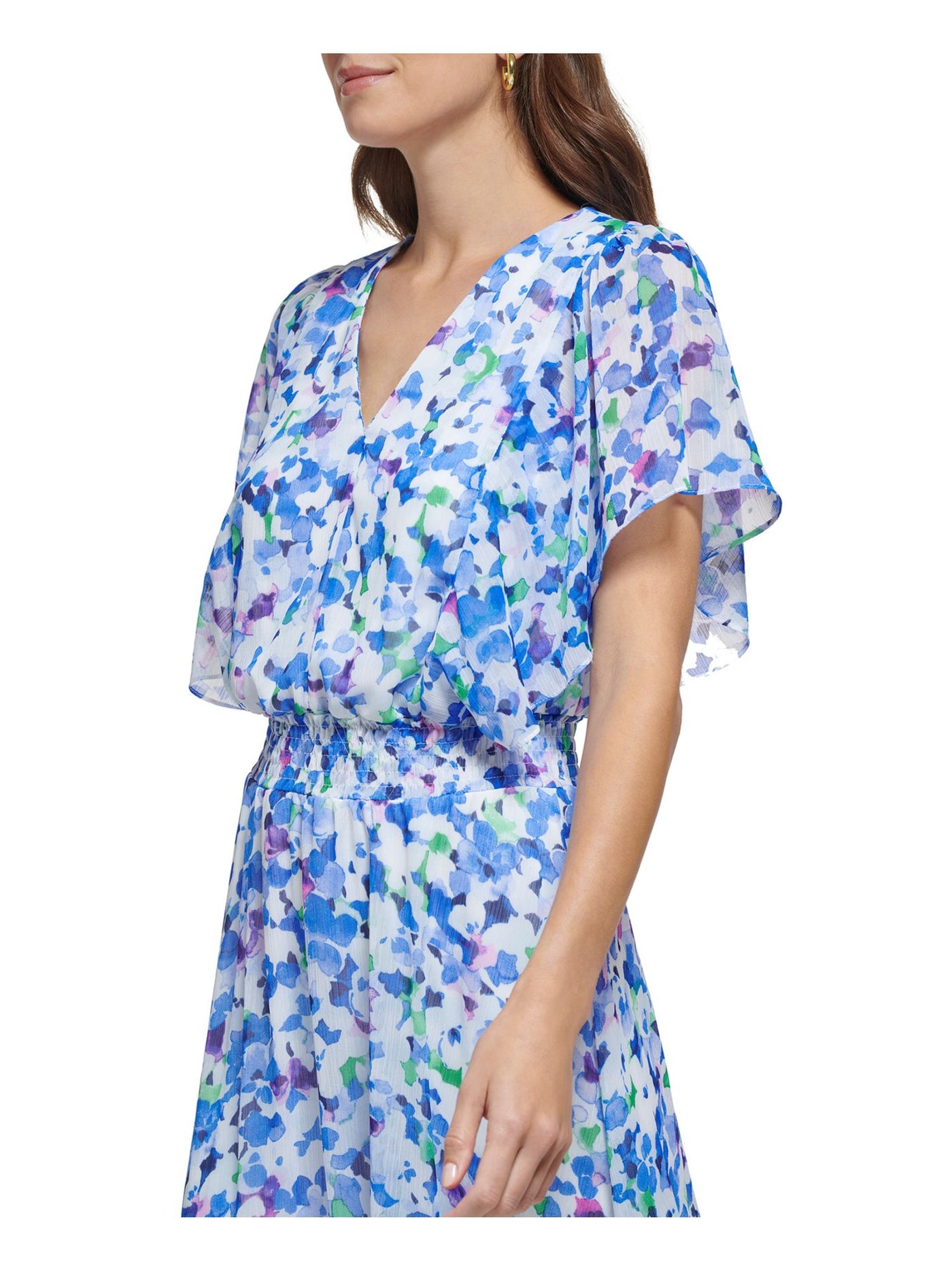 DKNY Womens White Smocked Sheer Ruffled Pullover Lined Bodice Floral Flutter Sleeve V Neck Knee Length Fit + Flare Dress 2