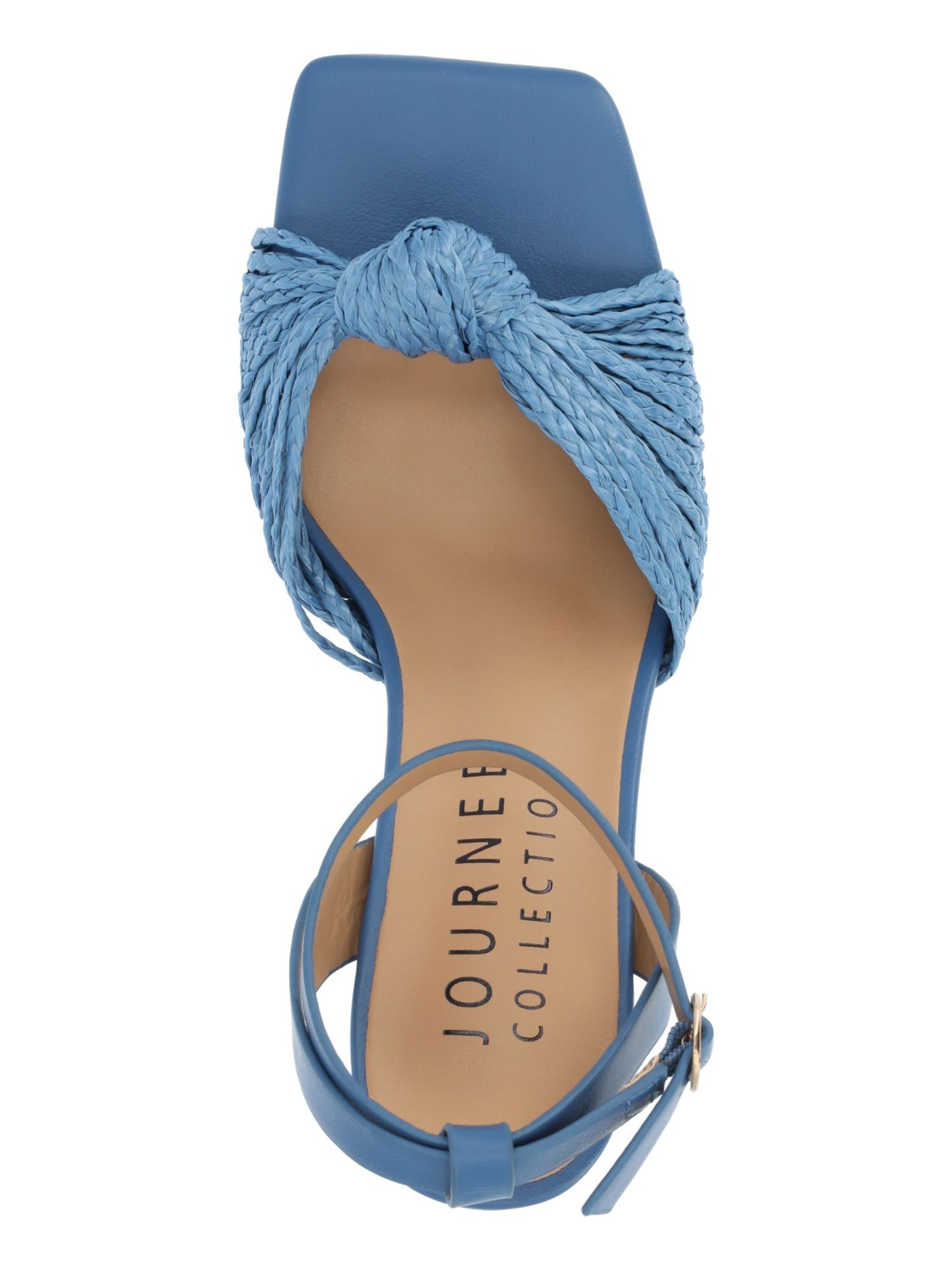 JOURNEE COLLECTION Womens Blue Mixed Media Knoted Ankle Strap Braided Padded Galinda Square Toe Block Heel Buckle Heeled Sandal 10