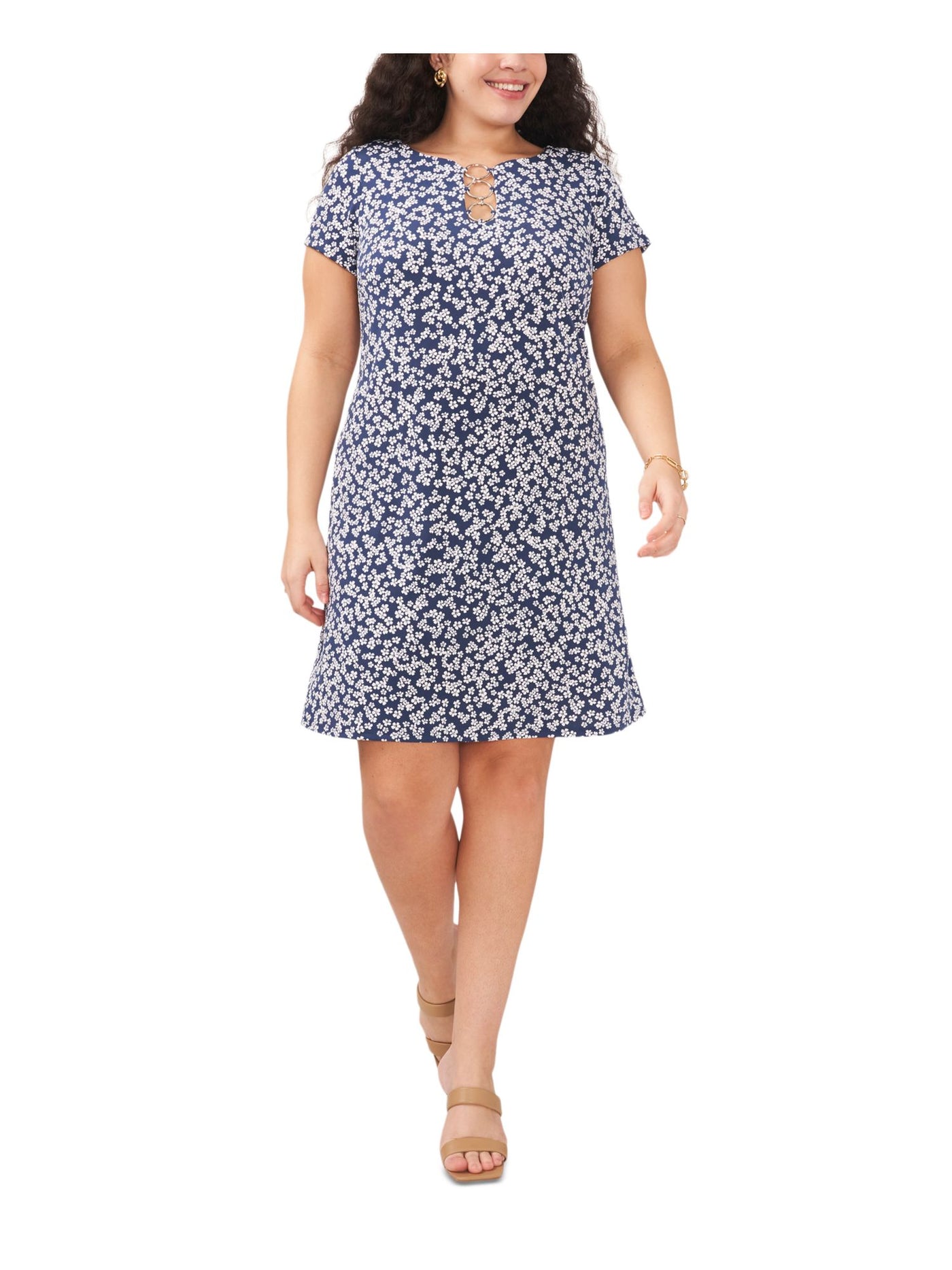 MSK WOMEN Womens Navy Jersey Floral Short Sleeve Round Neck Above The Knee Fit + Flare Dress Plus 3X