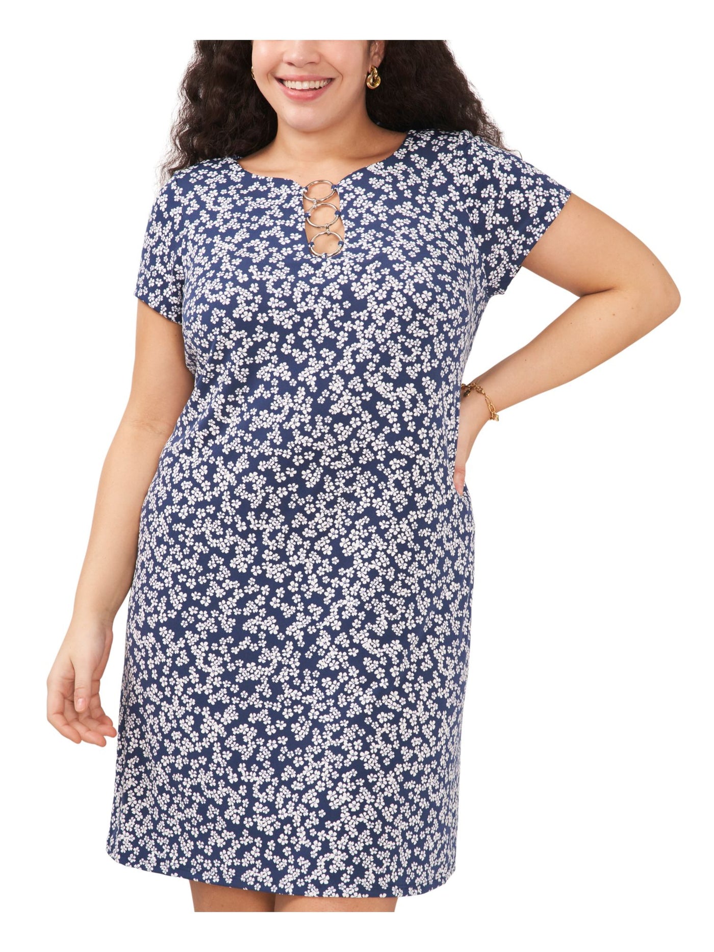 MSK WOMEN Womens Navy Jersey Floral Short Sleeve Round Neck Above The Knee Fit + Flare Dress Plus 3X