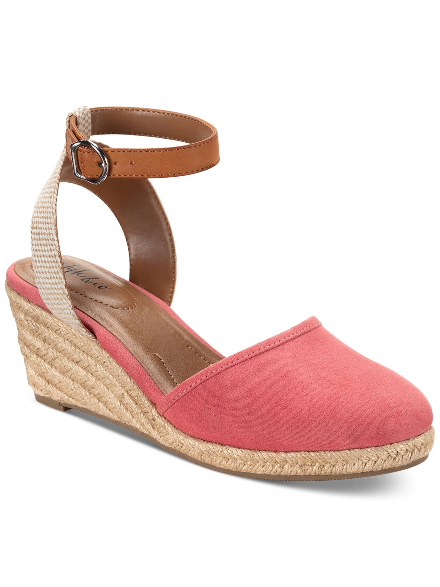 STYLE & COMPANY Womens Pink Mixed Media Ankle Strap Padded Mailena Round Toe Wedge Buckle Espadrille Shoes 7 M