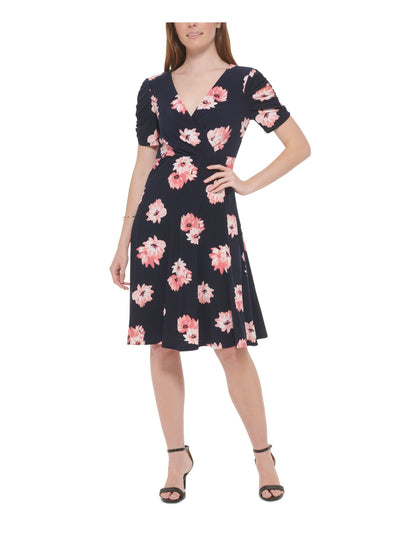 TOMMY HILFIGER Womens Pleated Short Sleeve Surplice Neckline Knee Length Wear To Work Fit + Flare Dress