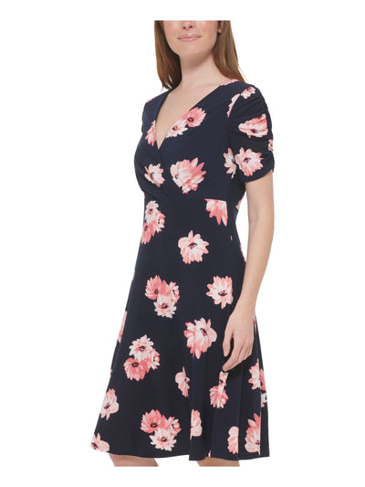 TOMMY HILFIGER Womens Navy Pleated Unlined Floral Short Sleeve Surplice Neckline Knee Length Wear To Work Fit + Flare Dress 6